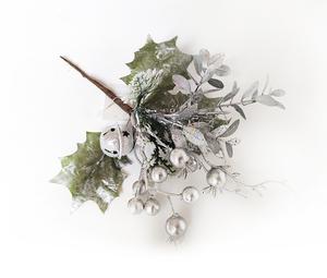 Větvička zápich s bobulkami a rolničkou stříbrná 22 cm Větvička zápich s bobulkami a rolničkou stříbrná 22 cm